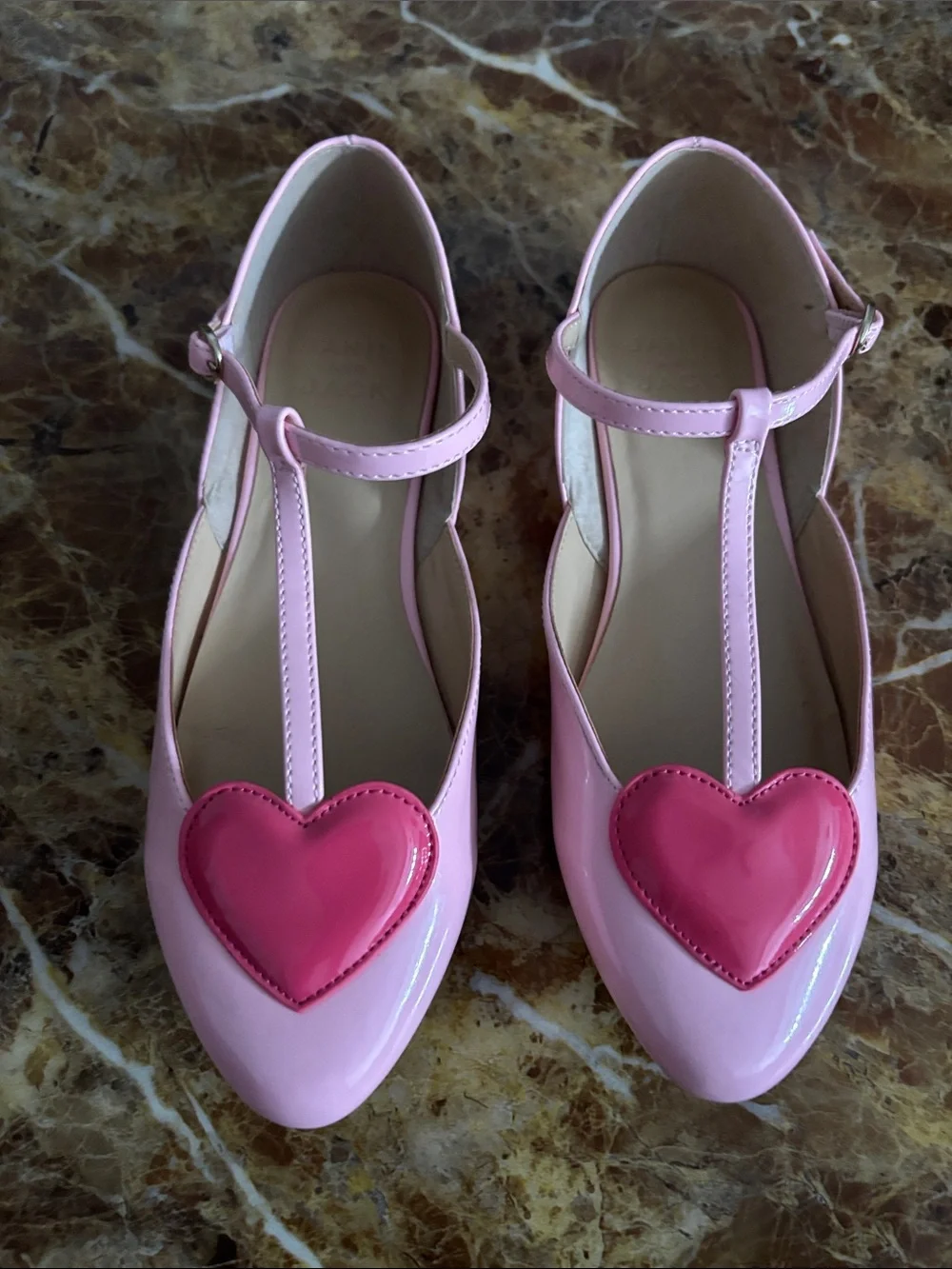 Janie and Jack Pink Patent T-Strap Flats with Hot Pink Heart, size 4y